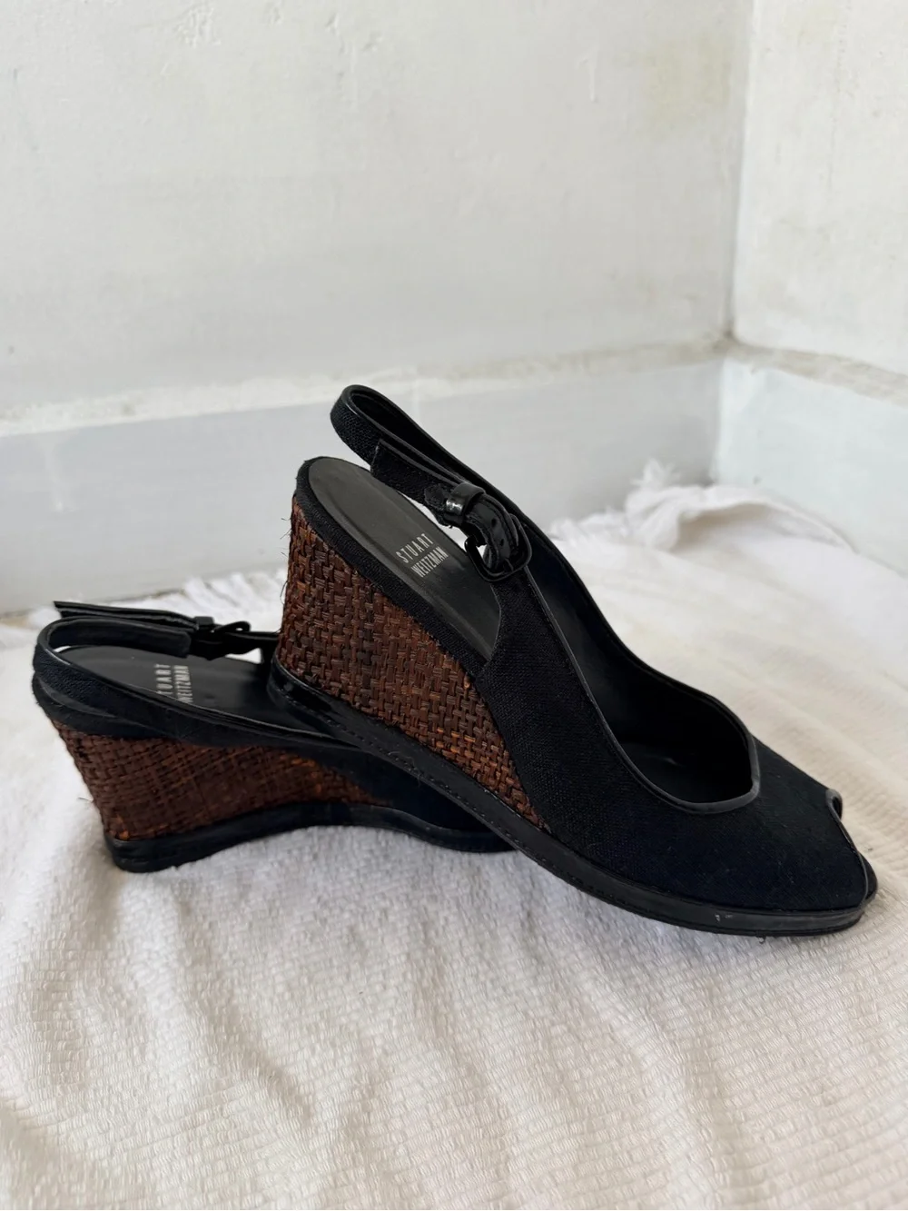 Stuart Weitzman Black linen Peep-Toe Slingback Wedges with Brown Woven Heel